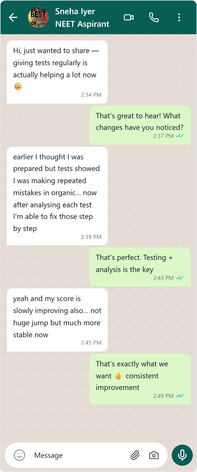 Student WhatsApp message