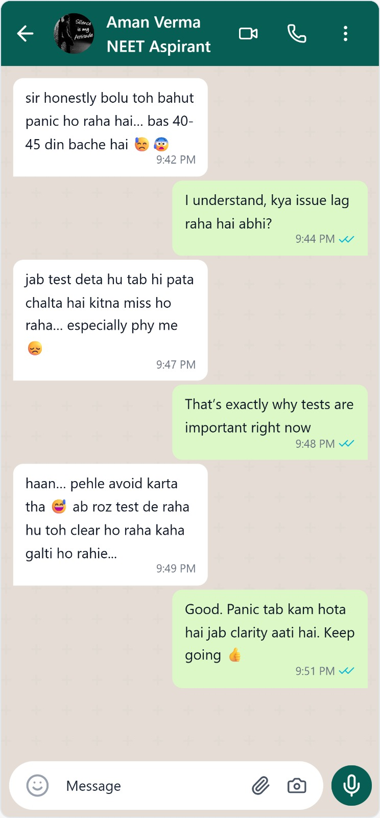 Student WhatsApp message