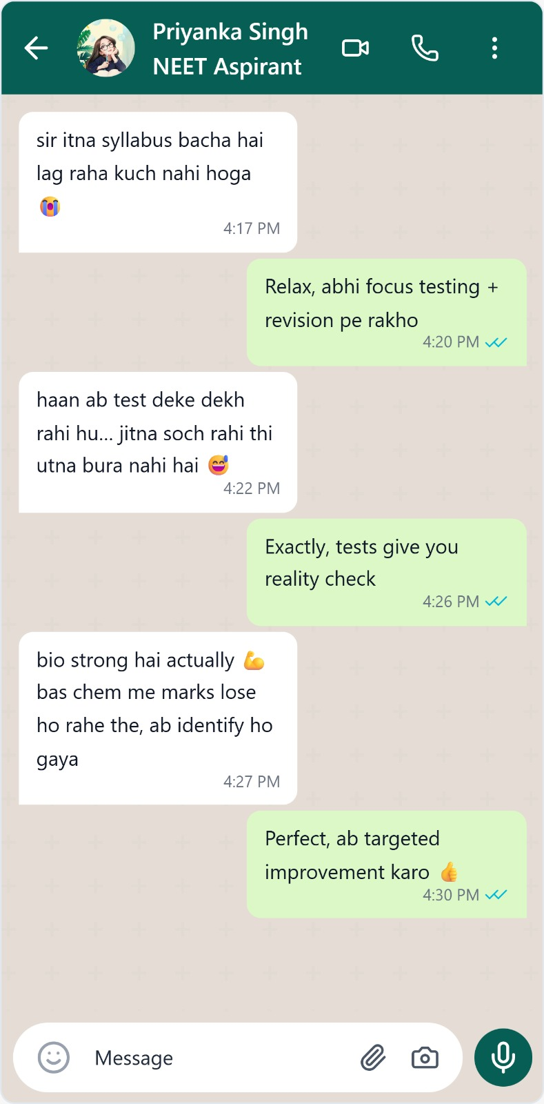 Student WhatsApp message