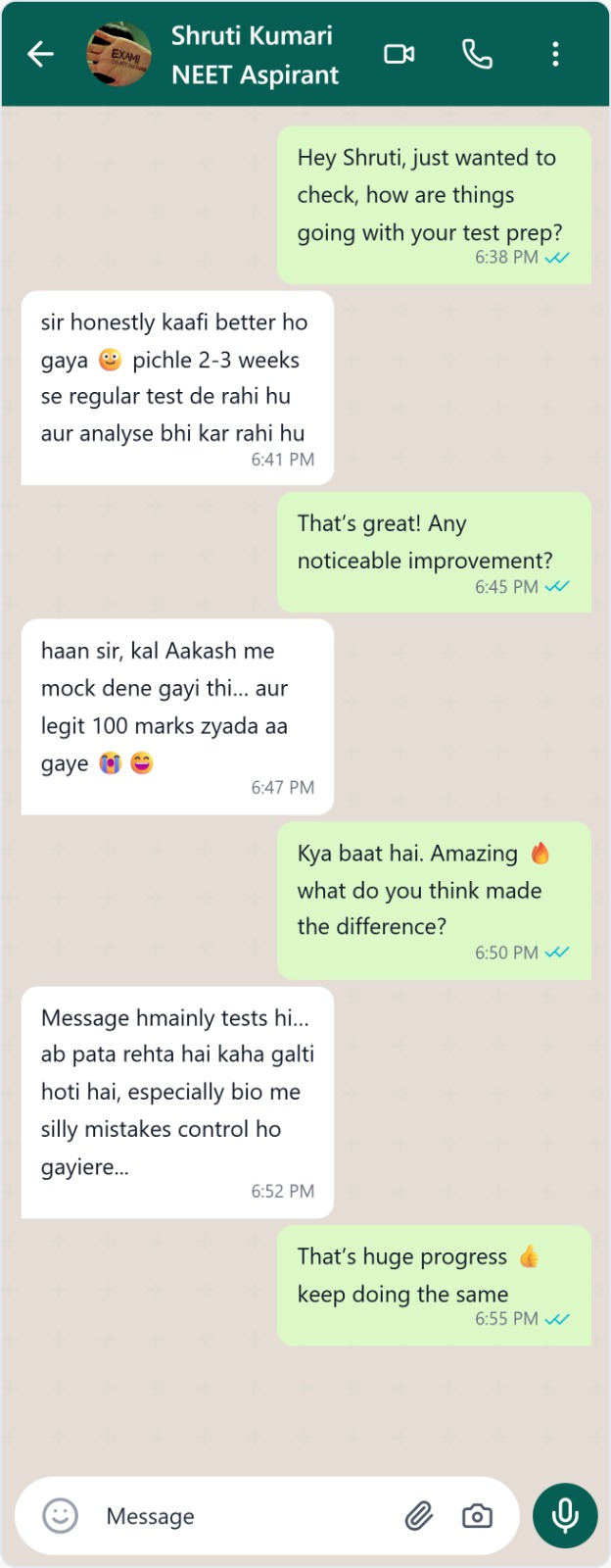 Student WhatsApp message